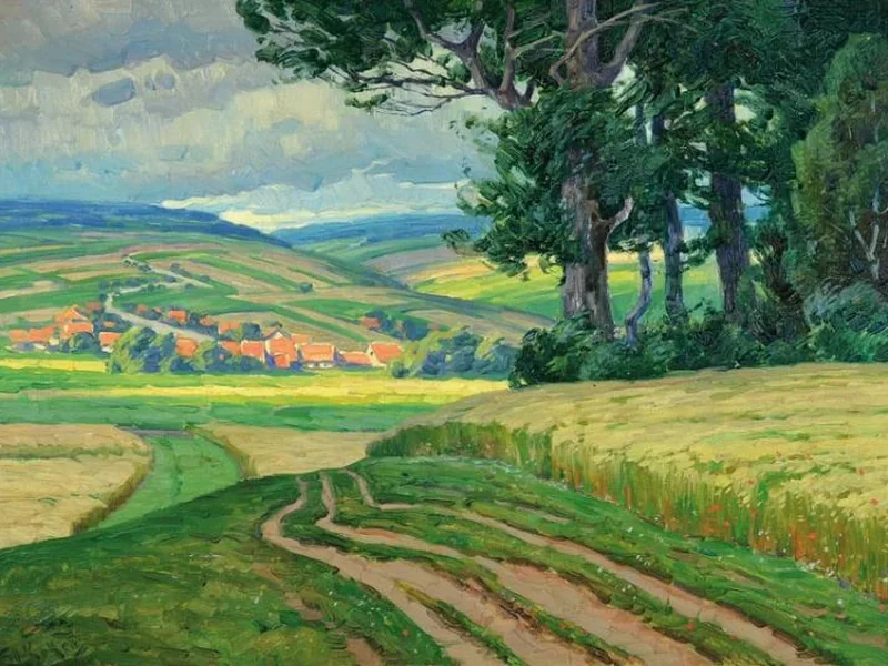 1883-Friedrich Hans Koken - Paesaggio estivo con vista su un villaggio